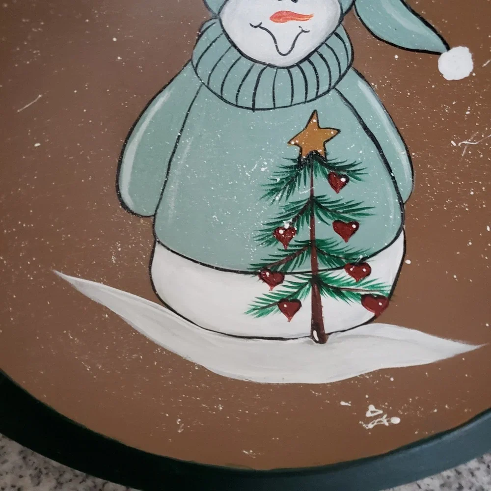 Hand Painted Wood Oval Bowl Folk Art Christmas Snowman Holiday Country Cottage